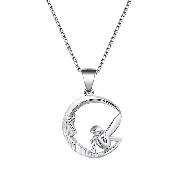 Crescent Moon with Fairy Pendant Necklace